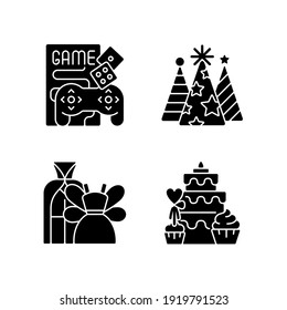 Friends And Family Gathering Party Black Glyph Icons Set On White Space. Game Night With Videogames, Boardgames. Candy Bar. Cake Buffet. Silhouette Symbols. Vector Isolated Illustration