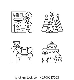 Friends and family gathering party linear icons set. Game night with videogames, boardgames. Customizable thin line contour symbols. Isolated vector outline illustrations. Editable stroke