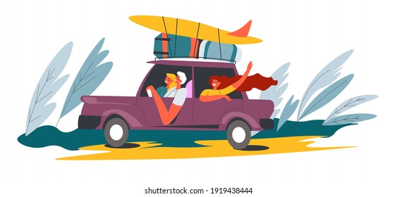 Friends or family going to vacation in van with surfing boards. People riding car to seaside, sea or ocean. Company of surfers enjoying weekends. Active lifestyle and hobbies. Vector in flat style
