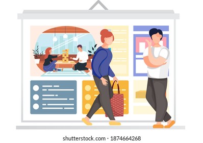 Friends or family at home are playing board game and taking a break from work. Married couple spend free time together. A blogger young man on the background of a poster advertises a board game