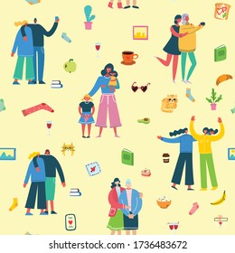 Friends and family at home. Seamless pattern, people activity at home. 