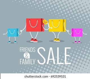 friends & family sale, Sale at low prices, Cartoon shopping bag with a smile