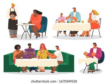 Friends and family, spend leisure time together in restaurant. Cafe for meeting and eating. Set of pictures with people having lunch. Waiter take order from woman. Vector illustration in flat style