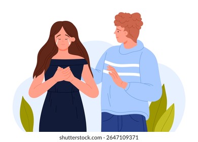 Friends or family support in mental problem, psychological assistance of person, empathy, friendship. Best friend comforting crying girl, conversation of two people cartoon vector illustration