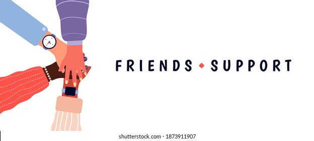 Friends family support. Stack of hands, putting arm together top view. Unity teamwork, multicultural people community vector banner