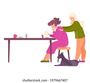 Friends female characters playing cards sitting at table, people having good time together vector Illustration. Smiling women resting and playing board game isolated on white. Logic game for thought