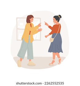 Amigos luchan contra la ilustración vectorial de dibujos animados aislados. Dos mujeres con conversación emocional, levantando las manos, peleando con el mejor amigo, personas discutiendo, dibujos animados de vector de relaciones humanas.