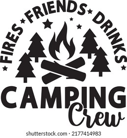 Friends Fires Drinks Camping Crew. Camping, Hiking, Adventure letterings. Wild animals, fireplace, mountains, tents and other elements. Vector illustration.