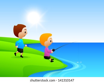 Friends fishing at lakeside, background for Happy Friendship Day.