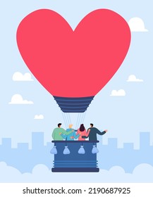 Friends flying in hot heart shaped air balloon. Back view of people hugging while ballooning flat vector illustration. Love, togetherness concept for banner, website design or landing web page