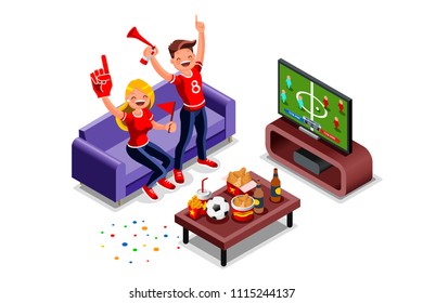 Friends, football fans watching football on tv. Can use for web banner, infographics, hero images. Flat isometric character, sports vector illustration isolated on white background.