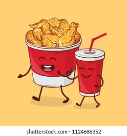 Friends forever. Chicken fried and cola. Vector cartoon illustration.