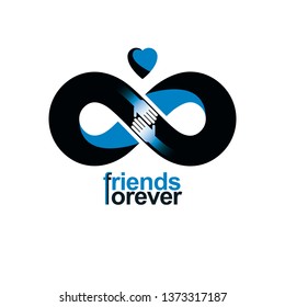 Friends Forever, everlasting friendship, beautiful vector logo combined with two symbols of eternity loop and human hands.