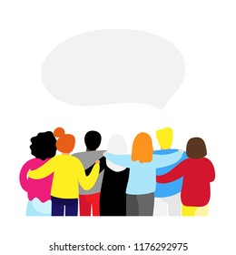 Friends forever. Friendly group of people stand and hugging together with their backs. Bright colored illustration for event celebration Greeting card Startup business Web banner. EPS10 vector