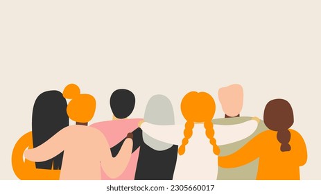 Friends forever. Friendly group of people stand and hugging together with their backs. Bright colored illustration for event celebration Greeting card Startup business Web banner. EPS10 vector