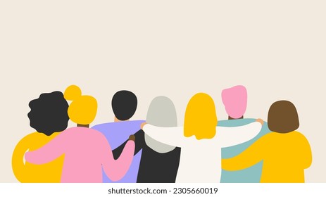 Friends forever. Friendly group of people stand and hugging together with their backs. Bright colored illustration for event celebration Greeting card Startup business Web banner. EPS10 vector