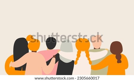 Friends forever. Friendly group of people stand and hugging together with their backs. Bright colored illustration for event celebration Greeting card Startup business Web banner. EPS10 vector