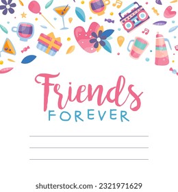 Friends Forever and Friendship Ruled Card with Bright Elements Vector Template