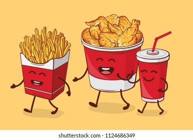 Friends forever. Fries, Chicken fried and cola Vector cartoon illustration