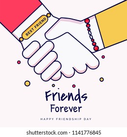 Friends forever greeting card design with hands shaking illustration on background for Happy Friendship Day celebration.