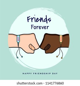 Friends forever greeting card design with two fists punching to each other and friendship band for celebration concept.