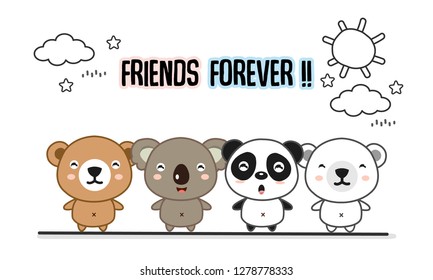 Friends forever greeting card with little animals. Cute bears cartoon vector illustration.
