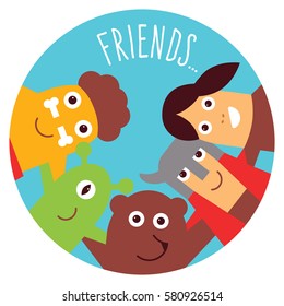 Friends forever  group of friendly cartoon characters, vector illustration. 