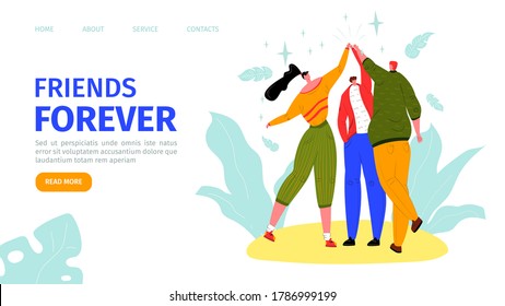 Friends forever, happy friendship day landing vector illustration. Three friends high five for special event celebration, best friend forever. Relationship, fun, youth social project web banner.