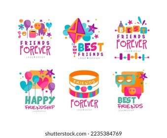 Friends Forever Logo Design with Balloons, Holiday Symbol and Bracelet Vector Set