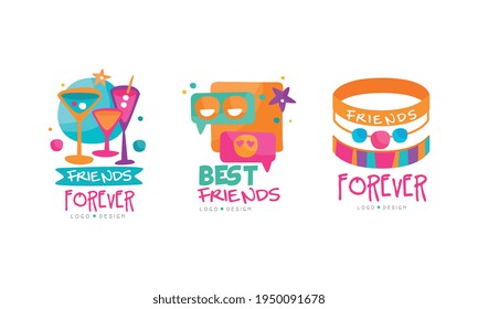 Friends Forever Logo Design with Cocktails and Bracelet Vector Set