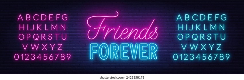 Friends Forever neon lettering on brick wall background