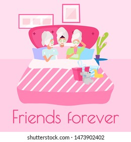 Friends forever social media post mockup. Spa sleepover party. Beauty time. Advertising web banner design template. Social media booster, content layout. Greeting card, print with flat illustration