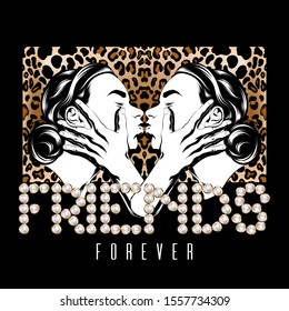 Friends forever. Vector hand drawn illustration of two kissing friends isolated. Creative tattoo artwork. Template for card, poster. banner, print for t-shirt, pin, badge, patch.