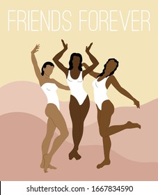  Amigos para siempre. Ilustración hecha a mano por vectores de niñas en trajes de baño.   Obra de arte creativa.  Plantilla para tarjeta, afiche, banner, imprimir para t-pantalones, pin, placa, parche.