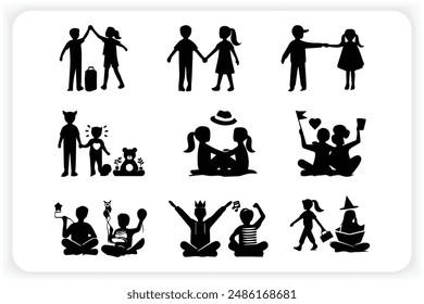 Friends forever, Vector sketch drawing of silhouette vector Vector illustration, Silhouette of children. A set of people Set of stickers