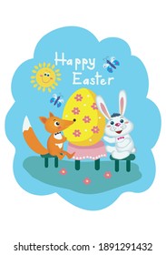 Friends, fox and rabbit are sitting at the Easter table.The sun is shining, butterflies are flying. Happy Easter, postcard.