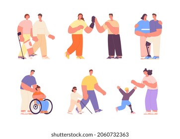 Friends and friendly person, family relationships people. Smile girl using wheelchair, inclusive lifestyle vector utter set