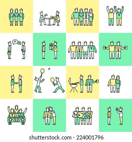 Friends and friendly relationship flat line icons set with people chatting present party isolated vector illustration