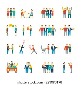 Friends and friendly relationship social team flat icon set isolated vector illustration