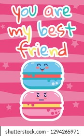 friends and friendship phrases handwritten with calligraphic fonts. Collection of color lettering  on pink background. Elegant kawaii cartoon design elements.  whis macarons you are my best friend