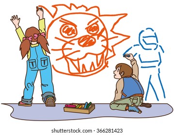 The friends and fun drawings "???It lion picture? I'm scared!" (No background)

