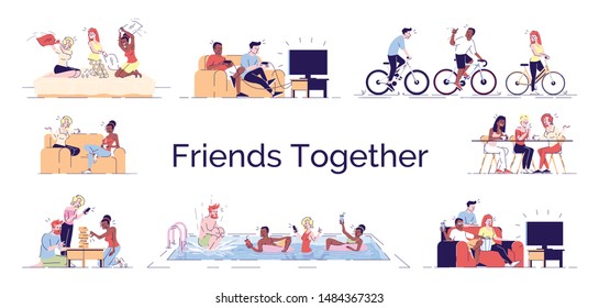 Friends fun together flat vector concept illustration. Girls, boys enjoy relax time in swimming pool. Pajama party, watching TV, playing games isolated cartoon design elements set on white background