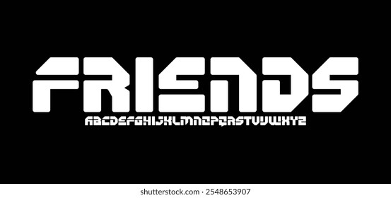 Friends, futuristic geometric alphabet, minimalist block font with cutout space, bold modern typography, innovative digital font design, monogram, headline, logo. Vector typeset