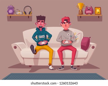 Friends is gaming. Nerd's room interior. Gamers playing video game. Cartoon vector illustration. Multiplayer screen. Online games concept