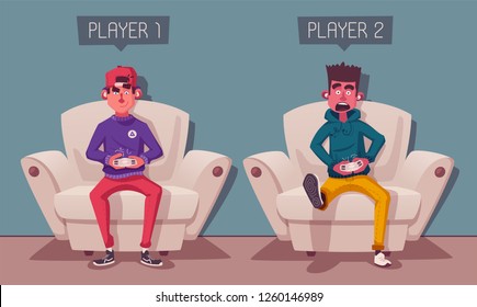 Friends is gaming. Nerds room interior. Gamers playing video game. Cartoon vector illustration. Multiplayer screen. Online games concept