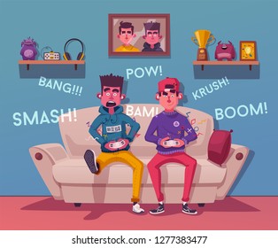Friends is gaming. Nerd's room interior. Gamers playing video game. Cartoon vector illustration. Multiplayer screen. Online games concept