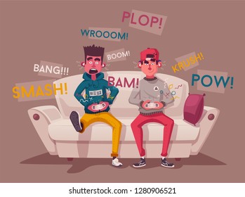 Friends is gaming. Nerd's room interior. Gamers playing video game. Cartoon vector illustration. Multiplayer screen. Online games concept