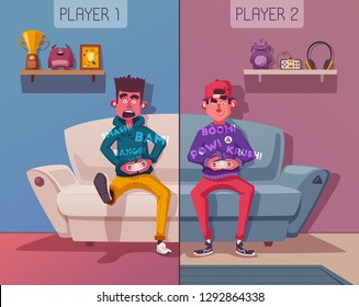 Friends is gaming. Nerd's room interior. Gamers playing video game. Cartoon vector illustration. Multiplayer screen. Online games concept