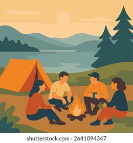 Friends Gather Around Campfire by Lake, Tent, Evening, Outdoors