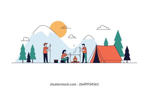 Friends gather around campfire near tent in mountains enjoying outdoor adventure and nature